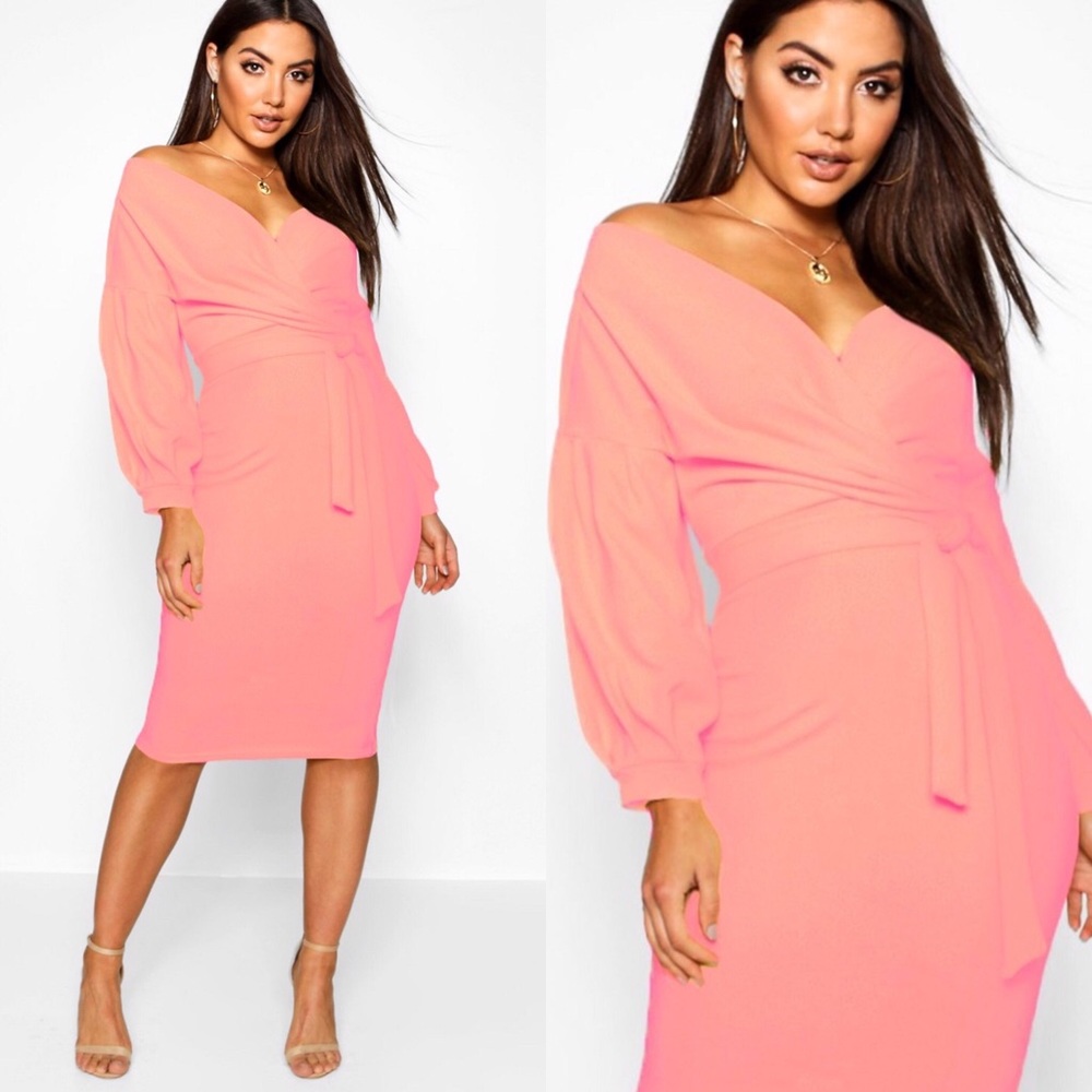 Off the Shoulder Wrap Midi Fitted Dress